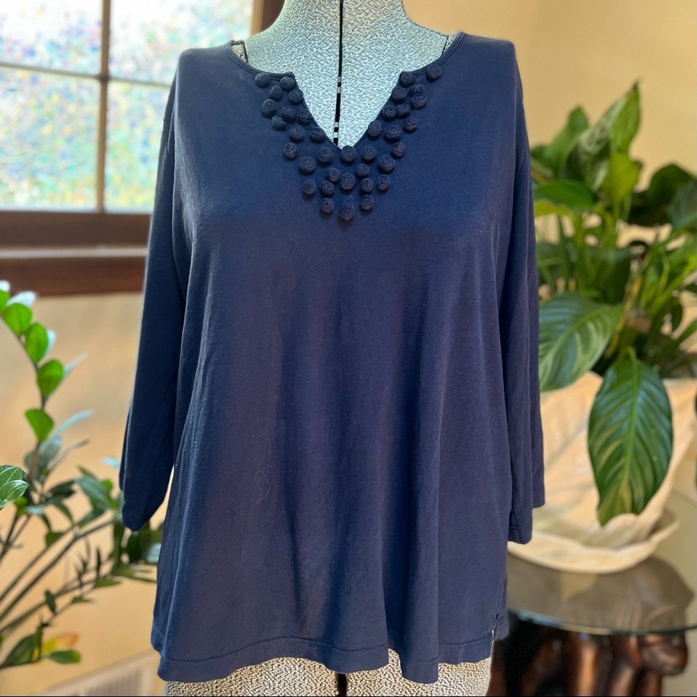 Talbots Petites Navy Blue Long Sleeve V-Neck Cotton Blouse